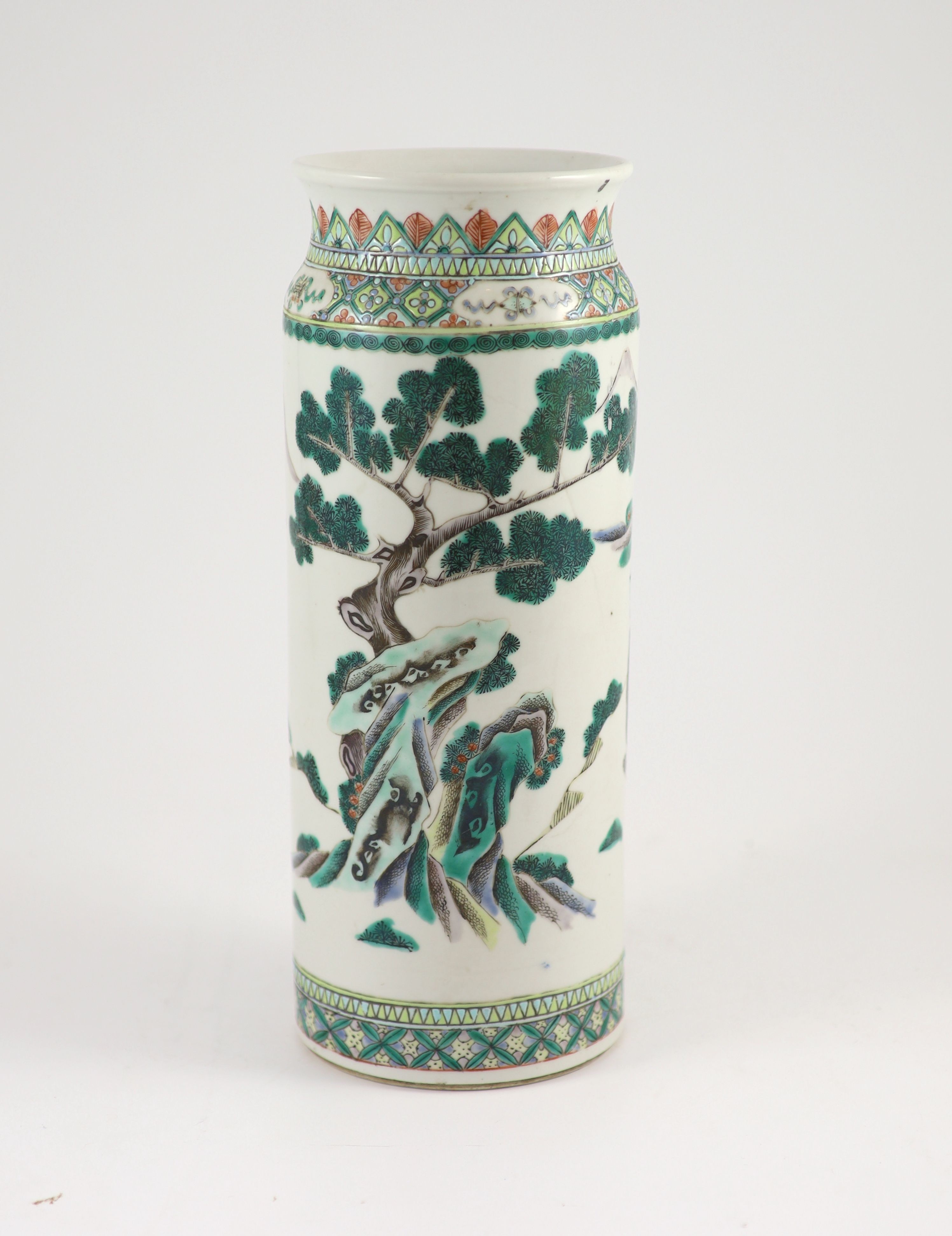 A Chinese famille verte cylindrical vase, Kangxi mark but Guangxu period, 30.5 cm high, over glazed firing cracks